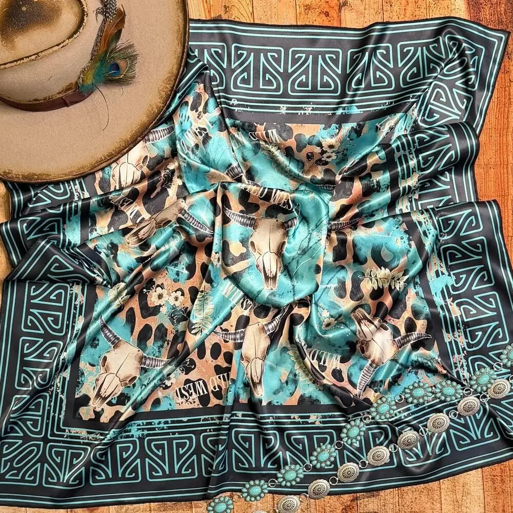 Western Longhorn Print Silky Wild Rag | 36x36 | Black & Turquoise